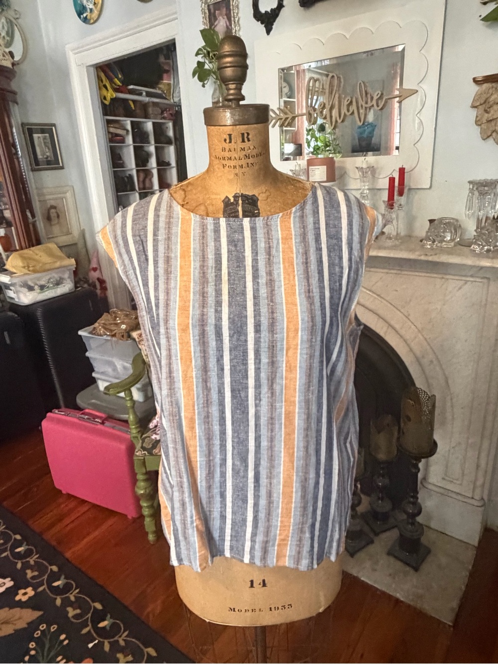 Max Studio Blue, Tan & White Striped Sleeveless Top